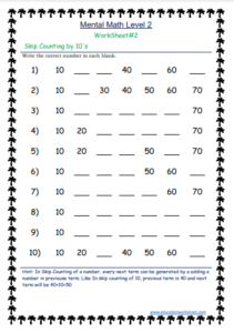 Skip counting by ten worksheets