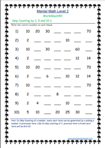 Skip counting patterns by 2 and 5 and 10 worksheets